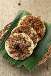 Top view of surabi oncom, Indonesian pancake with fermented soybean