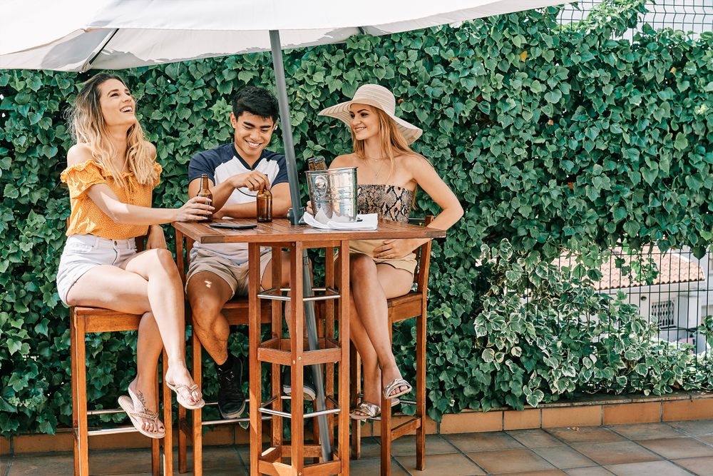 a group of young people cheers with beer in a summer day