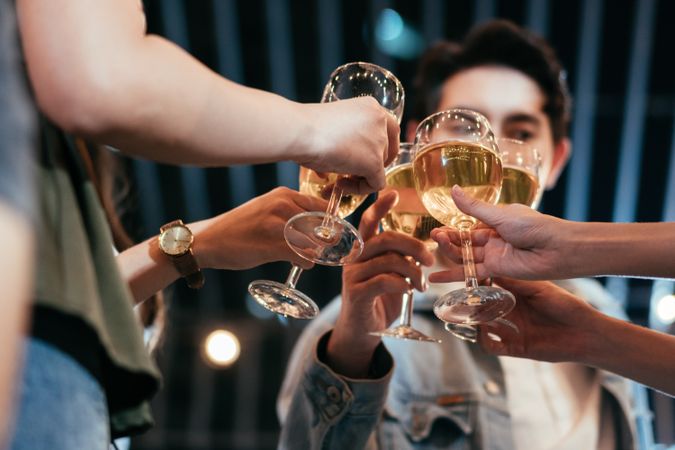 Group of  friend celebrating and toasting alcoholic beverages at the party together