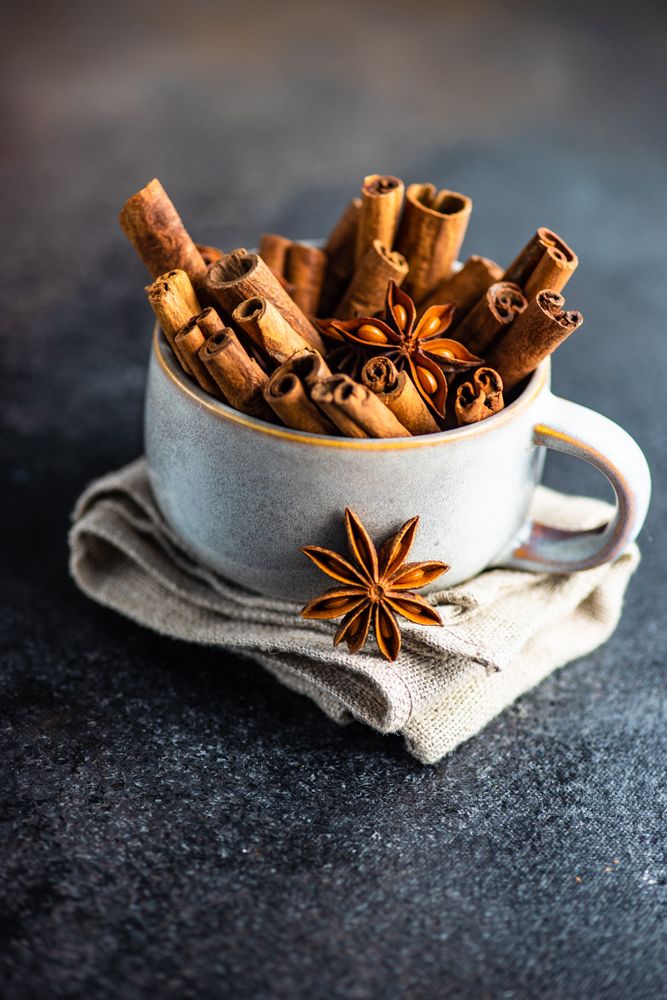 Side view of cinnamon sticks and anise star in mug
