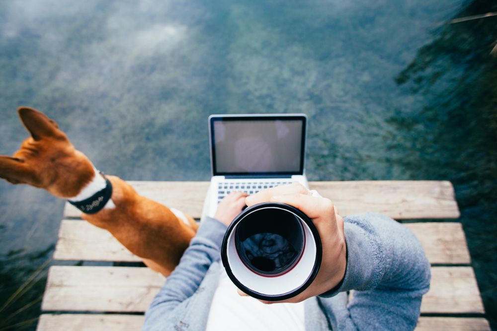 Man with coffee cup, dog and laptop sitting on the dock