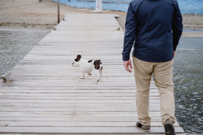 Man and dog walking on pier together
