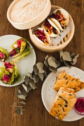 Plates on wooden plate