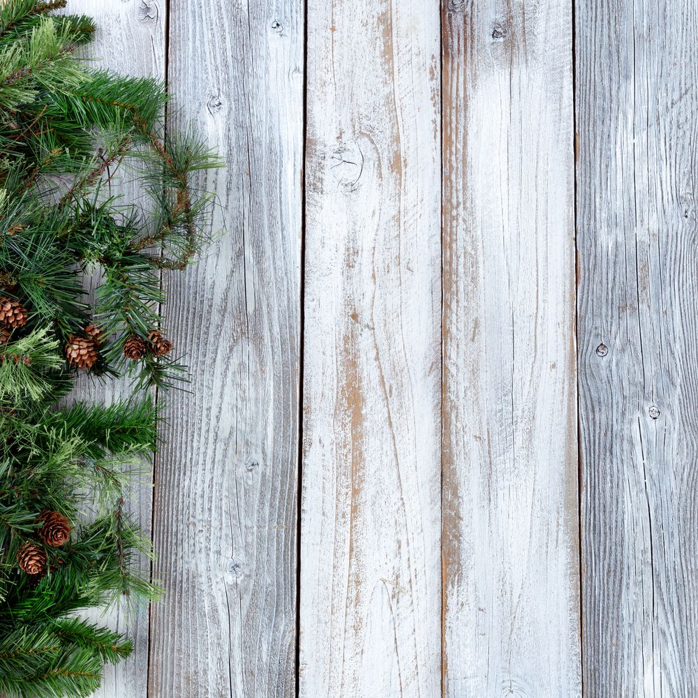 Christmas background with evergreen on wood