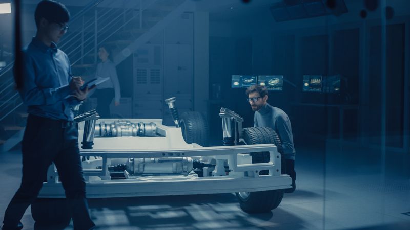 Automobile Design Engineer Sitting Beside Hybrid Electric Car Chassis Platform, Using Tablet Computer for Design Improvement.