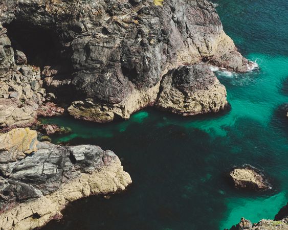 Looking down at the water and rocks in the British seaside