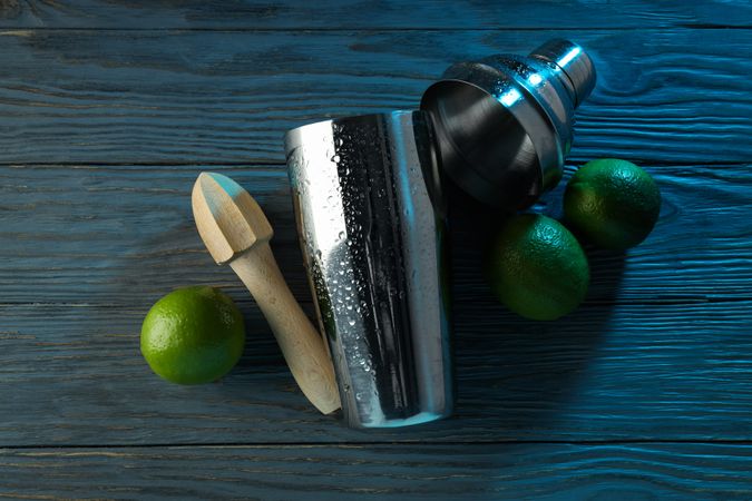 Concept of preparing cocktail, shaker, top view