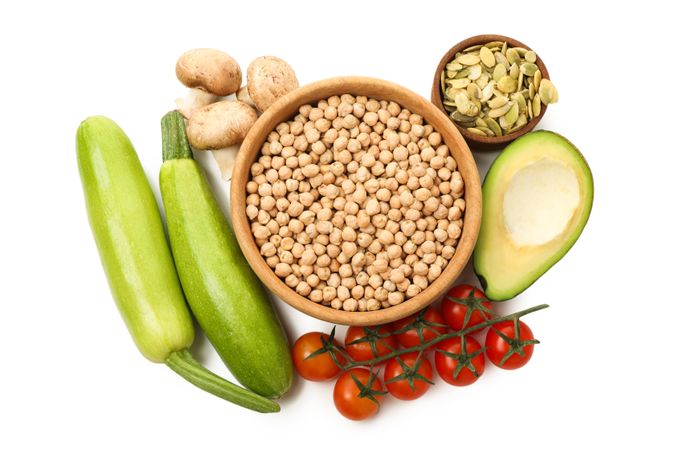 Set of protein vegan products, isolated on plain background, top view