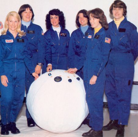First six women astronauts with rescue ball at NASA