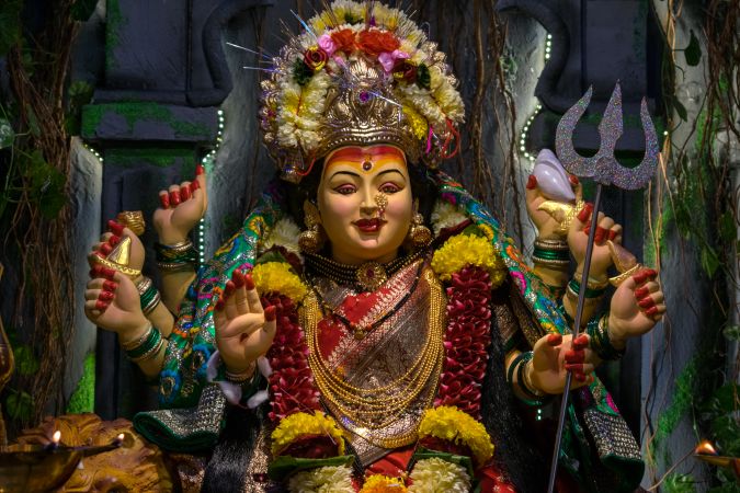 A beautiful idol of Maa Durga being worshipped at a pandal during Navratri in Mumbai, India