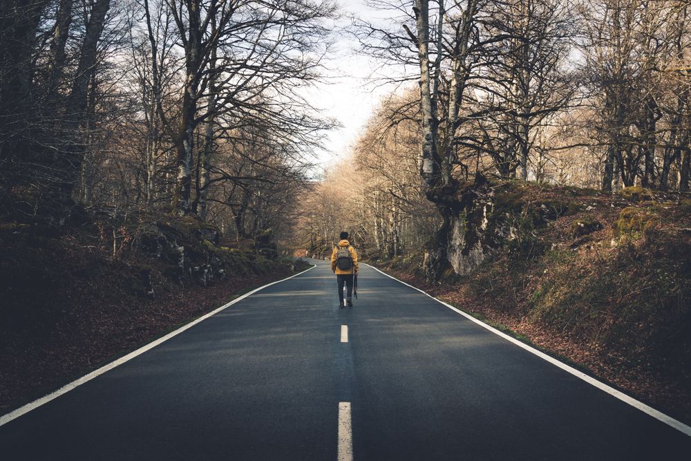 Man walking along empty forest road
