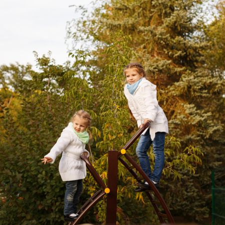 Two triumphant young girls climbing playground stairs in park