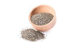 Chia seeds and wooden bowl isolated on plain background