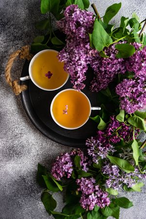 Top view of Asian style tea concept with delicate tea and pink flowers
