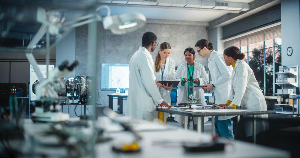 Group of International Multiethnic Lab Specialists Gathering Around a Table to Discuss Blueprints and Components for a High Tech Robotic Project.