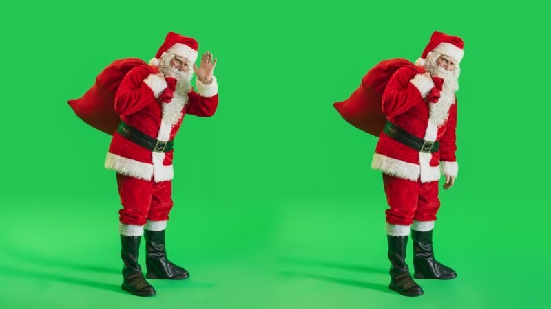 Studio Shot Isolated Mockup Template: Jolly Santa Claus with a Bag with Gifts For All Good Children On Green Screen Chromakey Background And Waving To Camera. Christmas And New Year