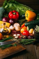 Cooking ingredients and utensils on table