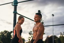 interracial couple training outdoors