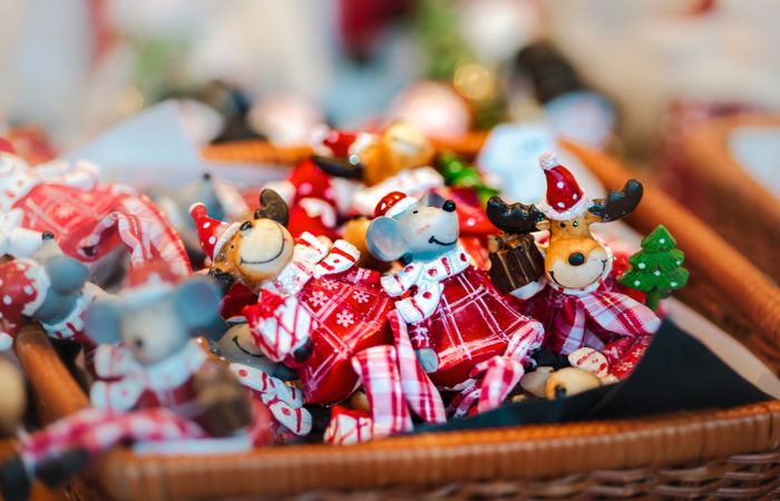 Handmade souvenirs in basket at Christmas market, Strasbourg, Alsace, France