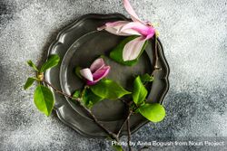 Top view of dark plate with magnolia flowers 0LdNdr
