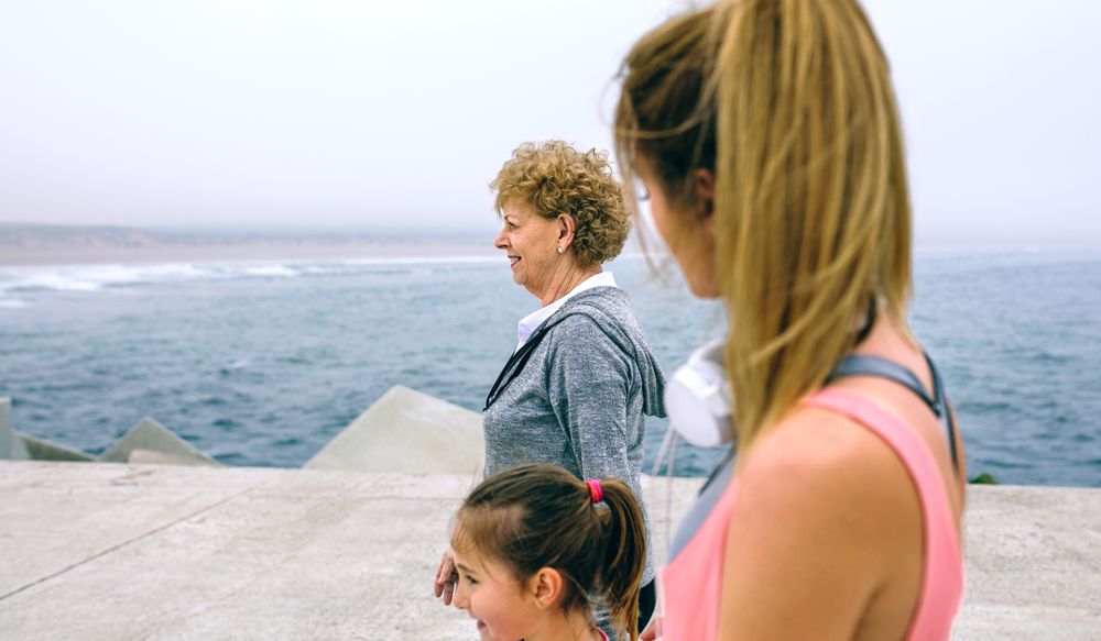 Three female generations walking