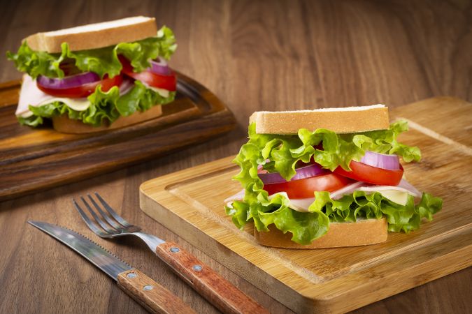 Natural sandwich. Sandwich with cheese, ham, lettuce, tomato and red onion.