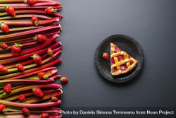 Slice of rhubarb-strawberries pie on a dark plate 4MPmy5