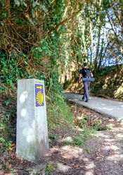 Signpost of Saint James way with pilgrim walking