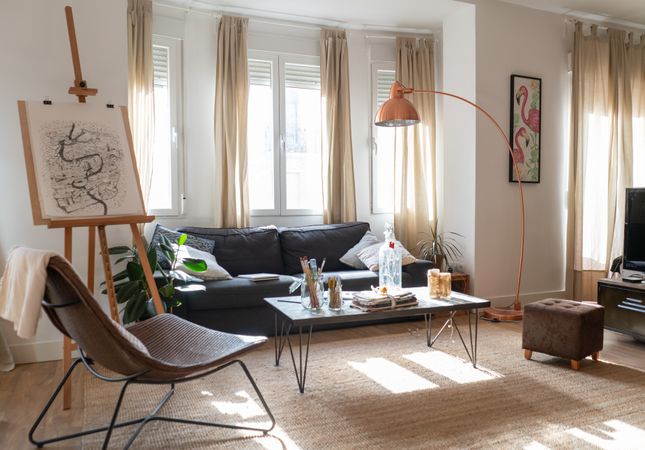 Light modern room decorated for Christmas