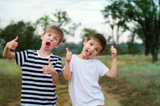Two little brothers walking in countryside