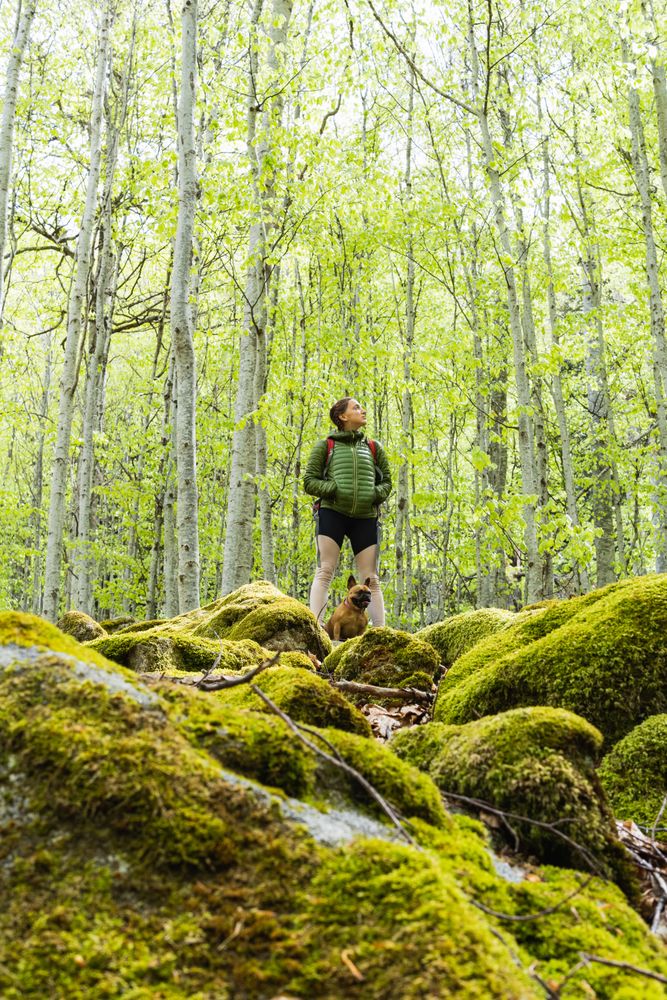 Traveling woman with dog hiking in rocky forest