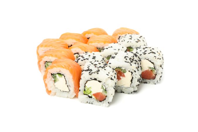 Japanese food. Delicious sushi rolls isolated on light background