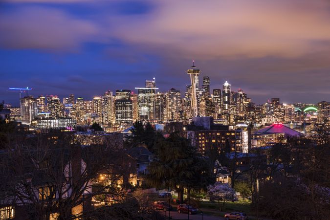 City skyline of Seattle during night time