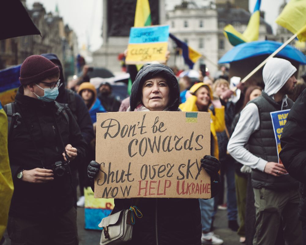 London, England, United Kingdom - March 5 2022: Mature woman in warm jacket at anti-war protest