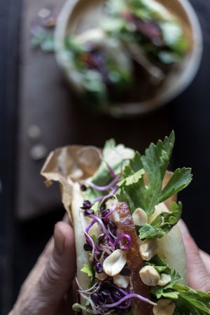 Crop person having traditional Gua Bao sandwich