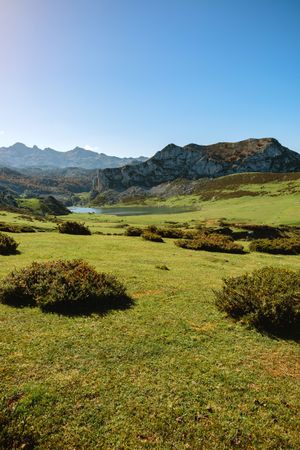 Valley with lake between mountains