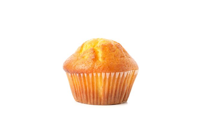 Delicious tasty muffin isolated on light background