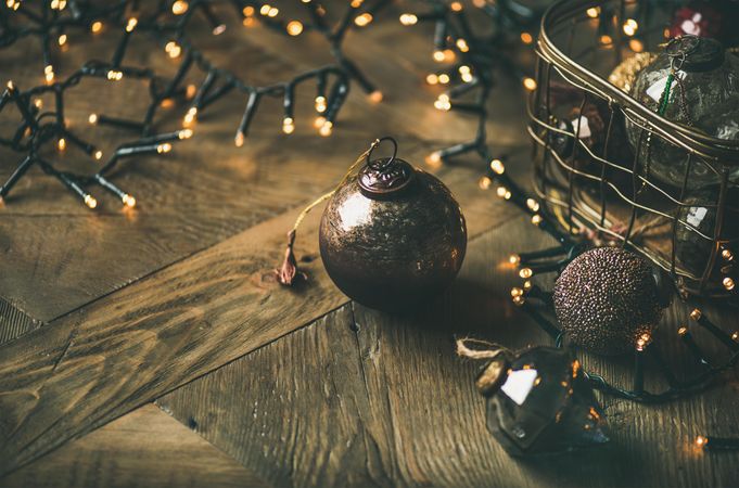 Christmas tree decorations, on wooden counter, close up,  with copy space