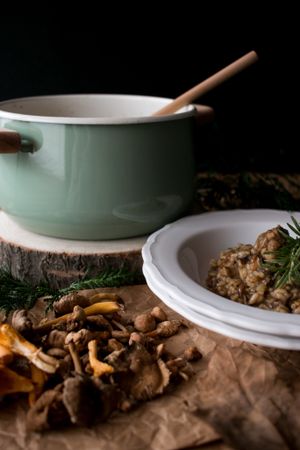 Rosemary on risotto with rabbit and mushrooms