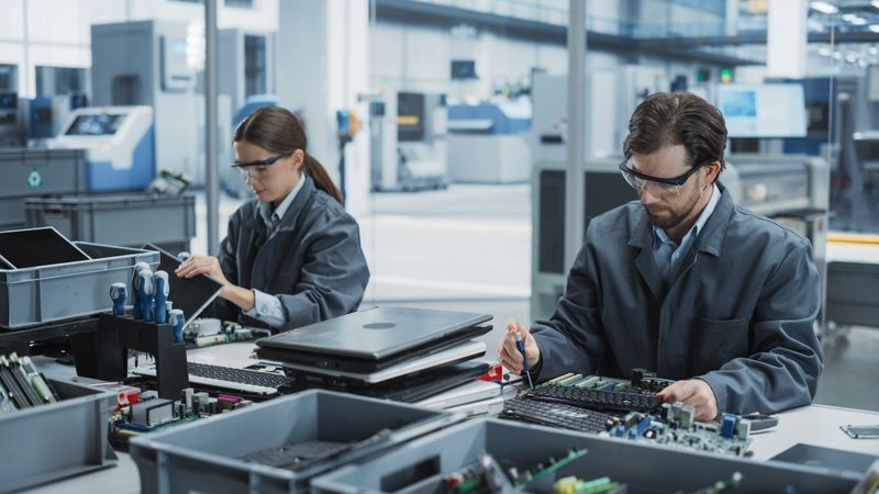 Male And Female Workers Taking Apart Old Laptops To Recycle Electronic Components For Printed Circuit Board Production At Electronics Factory.