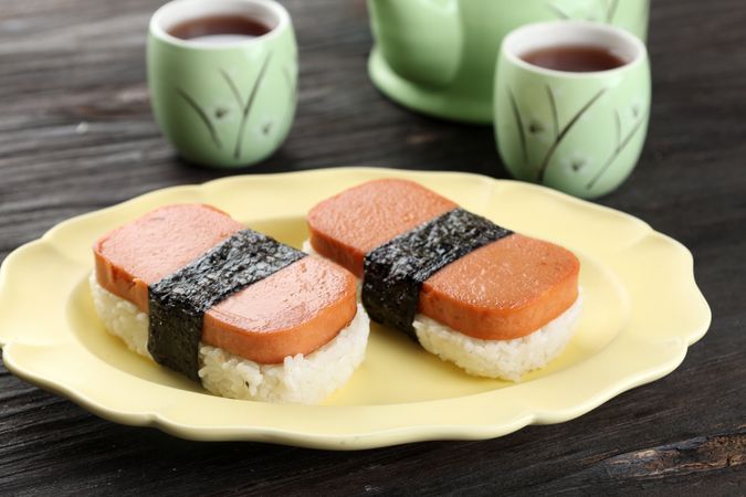 Classic Hawaiian Spam Musubi, Made with Spam Meat, Seasoned Rice, and Wrapped with Nori Seaweed