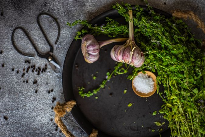 Top view of oregano, chili and garlic on counter