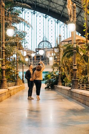Happy couple hugging in pavilion