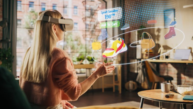 Woman at Home, Using Virtual Reality Headset  for Online Shopping, Browsing through Pictures of Stylish Brand Shoes and Handbags.