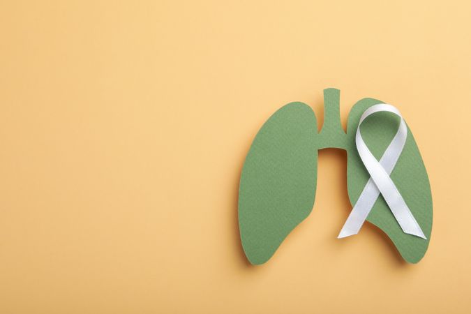 Green lungs cut out of paper with ribbon with copy space