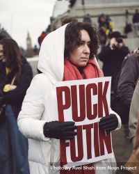 London, England, United Kingdom - March 5 2022: Woman with anti-Putin sign at protest in UK 5X6EMb