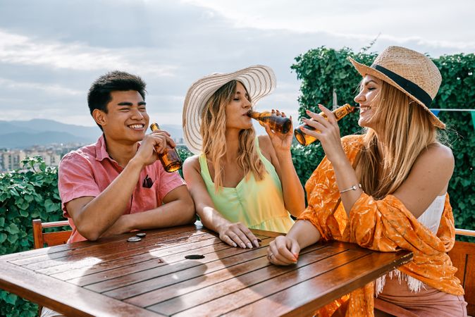 a group of young people having a good time in a summer day and cheering with beer