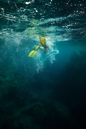 Diver swimming under water in flippers