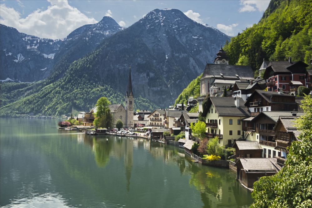 Town near lake and mountain in Hallstatt, Upper Austria, Austria