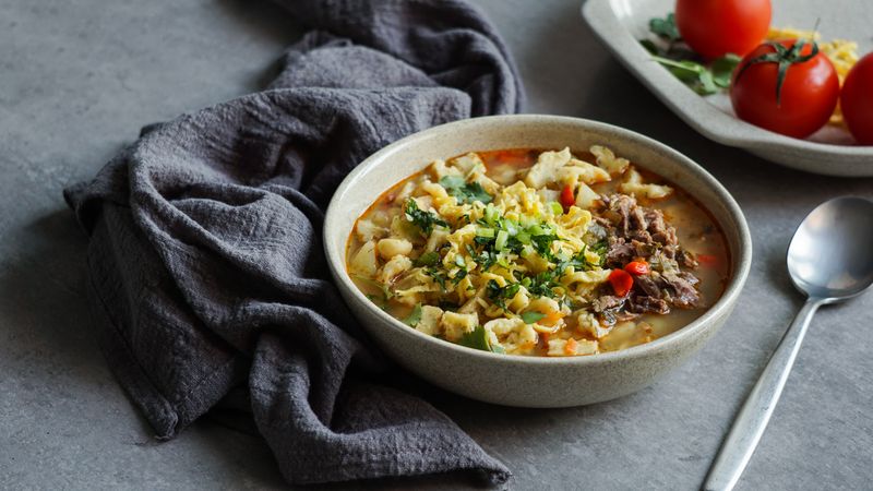 Manpar soup with pasta, traditional soup of  middle asia